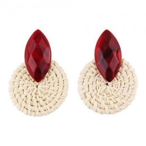 Resin Gem Decorated Weaving Round Shape Vintage Fashion Earrings - Red