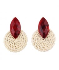 Resin Gem Decorated Weaving Round Shape Vintage Fashion Earrings - Red