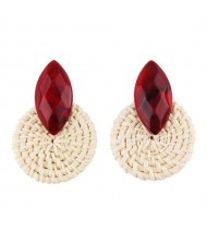 Resin Gem Decorated Weaving Round Shape Vintage Fashion Earrings - Red