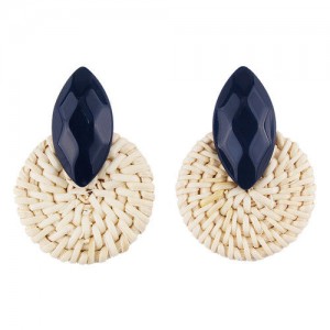 Resin Gem Decorated Weaving Round Shape Vintage Fashion Earrings - Ink Blue