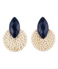 Resin Gem Decorated Weaving Round Shape Vintage Fashion Earrings - Ink Blue