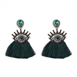 Shining Eye Design Gem Fashion Tassel Statement Earrings - Ink Green