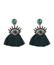 Shining Eye Design Gem Fashion Tassel Statement Earrings - Ink Green