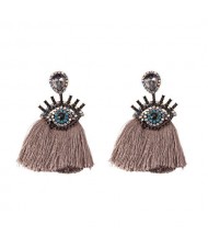 Shining Eye Design Gem Fashion Tassel Statement Earrings - Gray