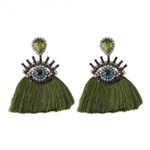 Shining Eye Design Gem Fashion Tassel Statement Earrings - Grass