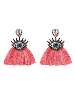 Shining Eye Design Gem Fashion Tassel Statement Earrings - Pink