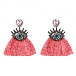 Shining Eye Design Gem Fashion Tassel Statement Earrings - Pink