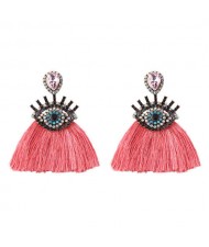 Shining Eye Design Gem Fashion Tassel Statement Earrings - Pink