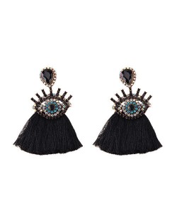Shining Eye Design Gem Fashion Tassel Statement Earrings - Black
