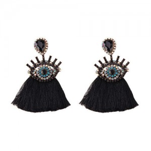 Shining Eye Design Gem Fashion Tassel Statement Earrings - Black