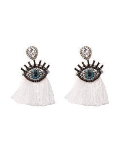 Shining Eye Design Gem Fashion Tassel Statement Earrings - White