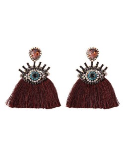 Shining Eye Design Gem Fashion Tassel Statement Earrings - Wine Red