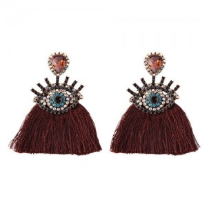 Shining Eye Design Gem Fashion Tassel Statement Earrings - Wine Red