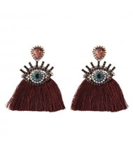 Shining Eye Design Gem Fashion Tassel Statement Earrings - Wine Red
