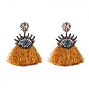 Shining Eye Design Gem Fashion Tassel Statement Earrings - Brown