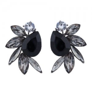 Rhinestone Floral Design Bohemian Fashion Women Statement Earrings - Black