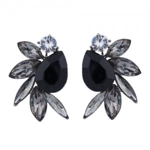 Rhinestone Floral Design Bohemian Fashion Women Statement Earrings - Black