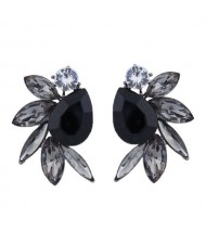 Rhinestone Floral Design Bohemian Fashion Women Statement Earrings - Black
