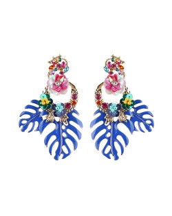 Delicate Flowers Decorated Leaves Fashion Women Statement Earrings - Blue
