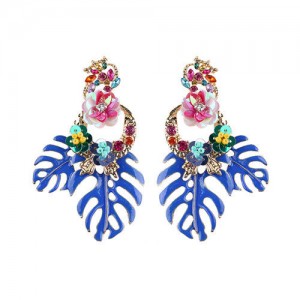 Delicate Flowers Decorated Leaves Fashion Women Statement Earrings - Blue