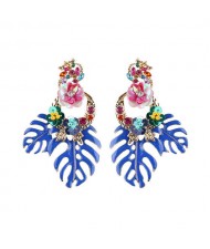 Delicate Flowers Decorated Leaves Fashion Women Statement Earrings - Blue