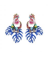 Delicate Flowers Decorated Leaves Fashion Women Statement Earrings - Blue