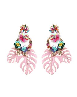 Delicate Flowers Decorated Leaves Fashion Women Statement Earrings - Pink