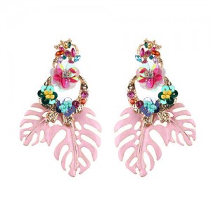 Delicate Flowers Decorated Leaves Fashion Women Statement Earrings - Pink