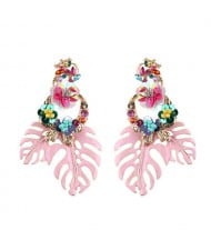 Delicate Flowers Decorated Leaves Fashion Women Statement Earrings - Pink