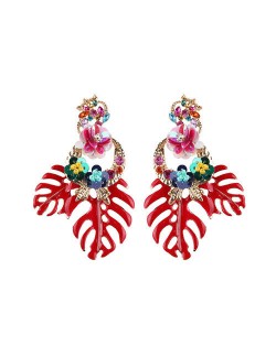 Delicate Flowers Decorated Leaves Fashion Women Statement Earrings - Red
