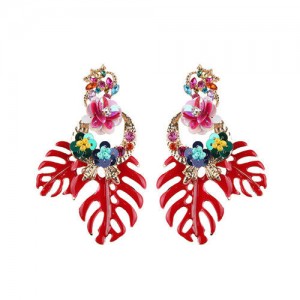 Delicate Flowers Decorated Leaves Fashion Women Statement Earrings - Red