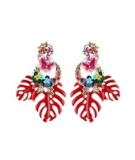 Delicate Flowers Decorated Leaves Fashion Women Statement Earrings - Red