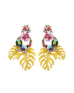 Delicate Flowers Decorated Leaves Fashion Women Statement Earrings - Yellow