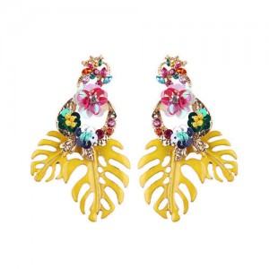 Delicate Flowers Decorated Leaves Fashion Women Statement Earrings - Yellow