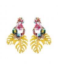 Delicate Flowers Decorated Leaves Fashion Women Statement Earrings - Yellow