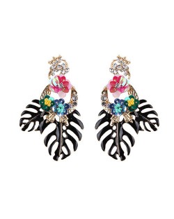 Delicate Flowers Decorated Leaves Fashion Women Statement Earrings - Black
