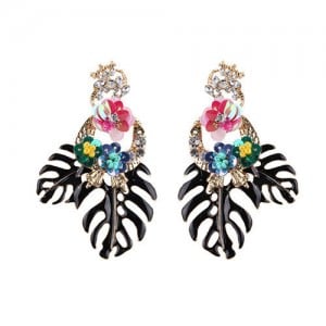 Delicate Flowers Decorated Leaves Fashion Women Statement Earrings - Black