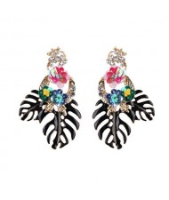 Delicate Flowers Decorated Leaves Fashion Women Statement Earrings - Black