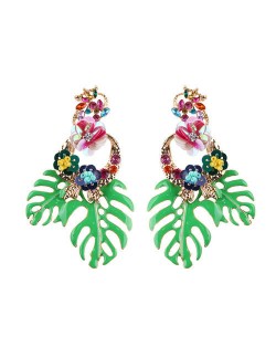 Delicate Flowers Decorated Leaves Fashion Women Statement Earrings - Green