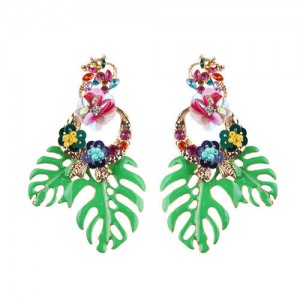 Delicate Flowers Decorated Leaves Fashion Women Statement Earrings - Green