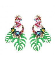 Delicate Flowers Decorated Leaves Fashion Women Statement Earrings - Green