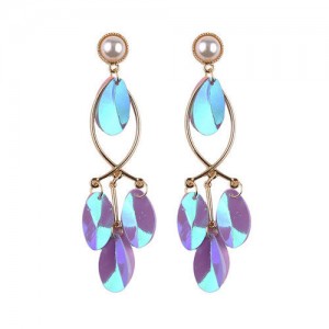Shining Paillettes Concise Design Vintage Style Dangling Women Fashion Earrings - Blue