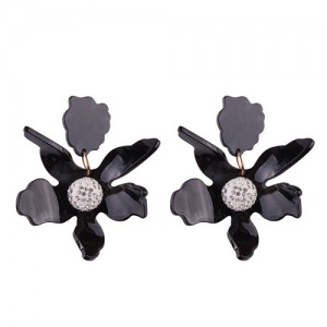 Rhinestone Inlaid Bold Flower Fashion Earrings - Black