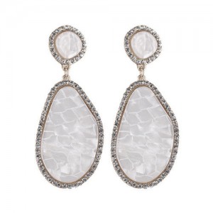 Rhinestone Embellished Granite Texture Dangling Fashion Earrings - White