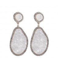 Rhinestone Embellished Granite Texture Dangling Fashion Earrings - White