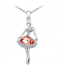Ballet Dancer Design Red Crystal Silver Plating Necklace