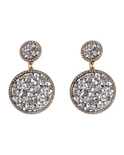 Shining Rhinestone Embellished Dangling Rounds Design Vintage Fashion Earrings - White