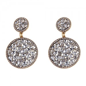 Shining Rhinestone Embellished Dangling Rounds Design Vintage Fashion Earrings - White