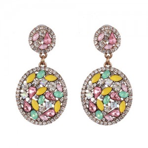Shining Rhinestone Embellished Dangling Rounds Design Vintage Fashion Earrings - Pink