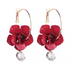 Rhinestone Embellished Acrylic Flower High Fashion Ear Clips - Red